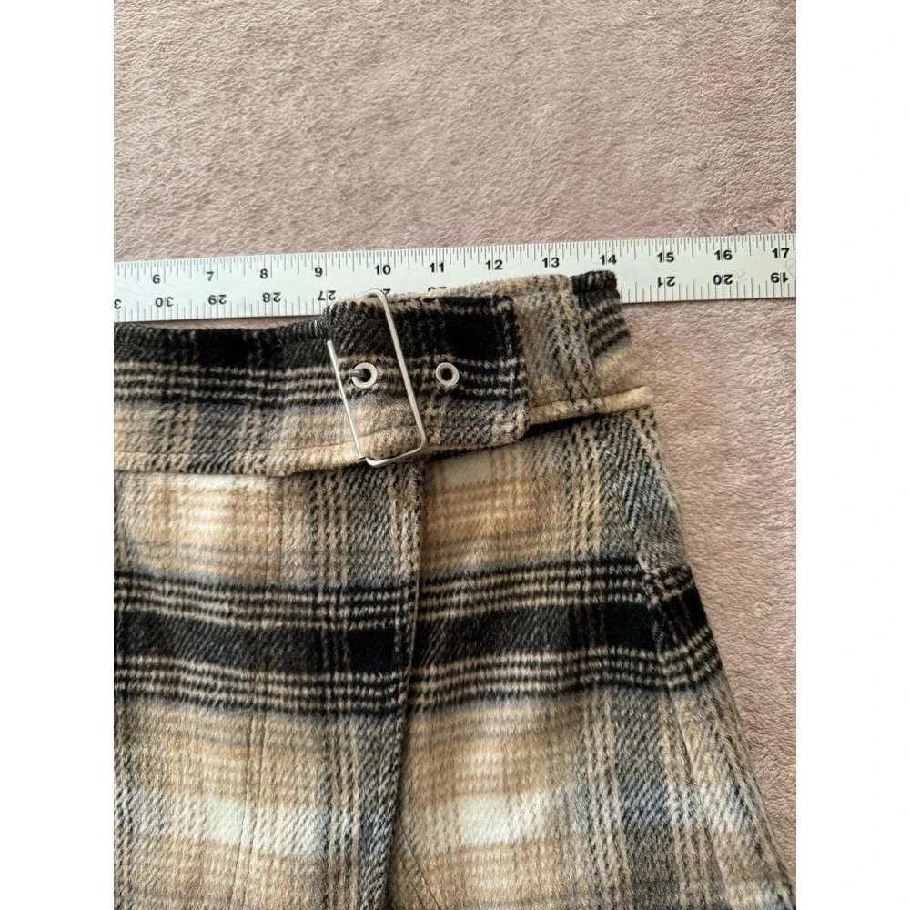 Free People Women's Ari Wrap Skirt Beige Black Plaid Mini‎ Belted Wool Size 2